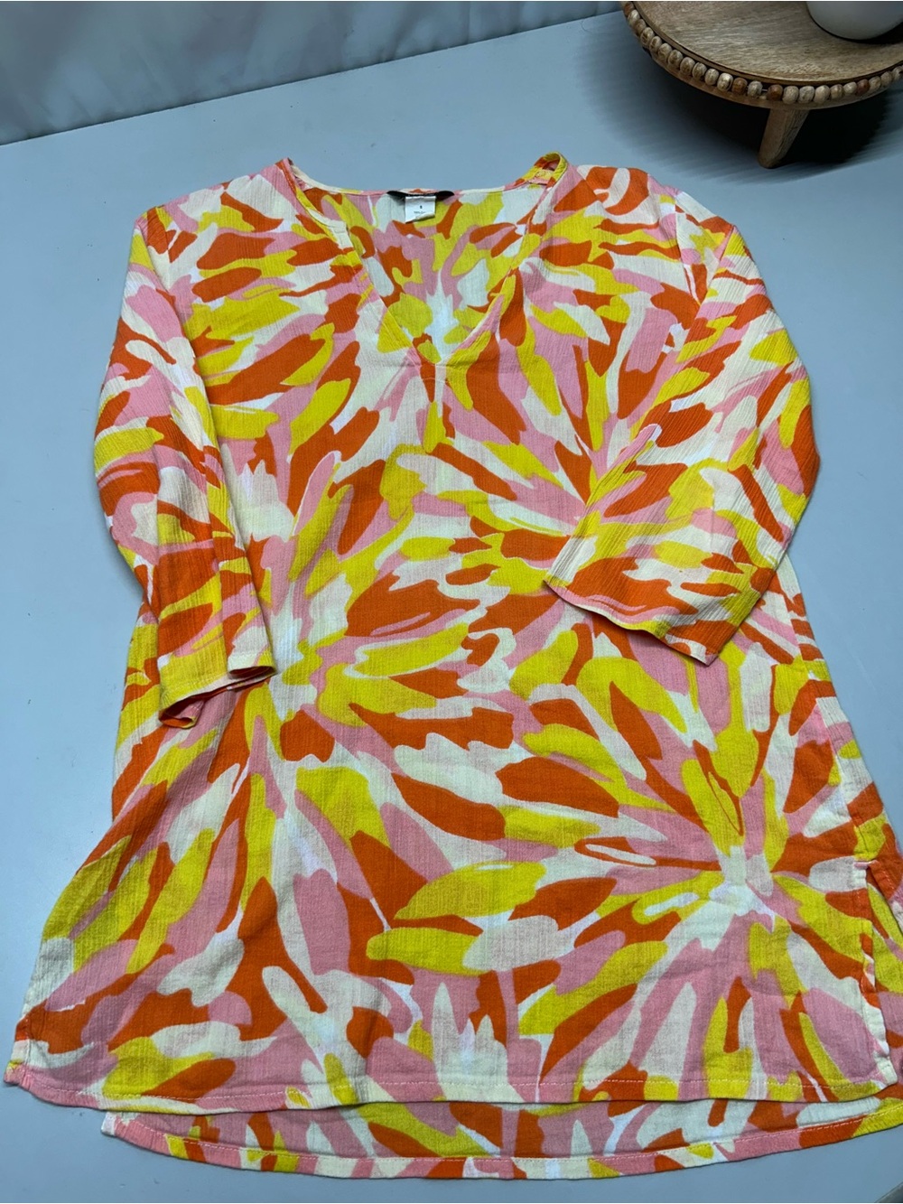 J. Crew Pink, Yellow & Orange Abstract Floral V-Neck Tunic small
